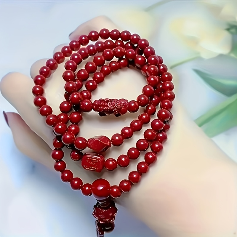 Authentic Cinnabar Bracelet with 108 Buddhist Beads, Unisex Gift